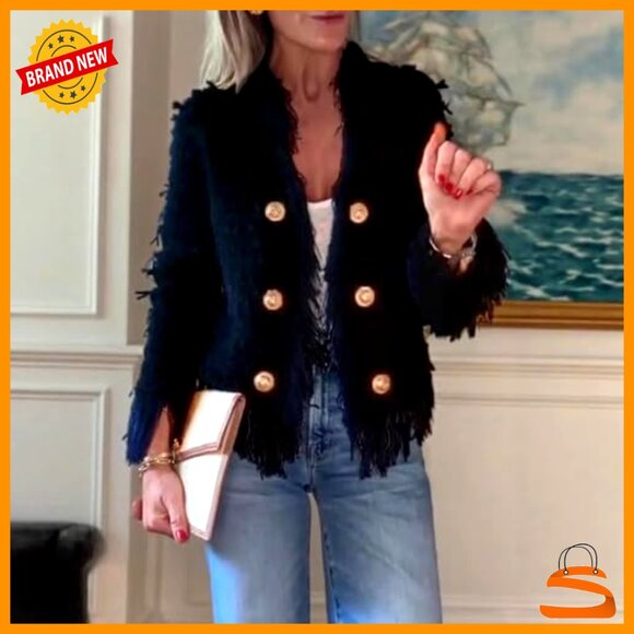 Tweed Blazer Cropped Open Front Fringe Jacket Cable Knit Lightweight Casual - Picture 4 of 4